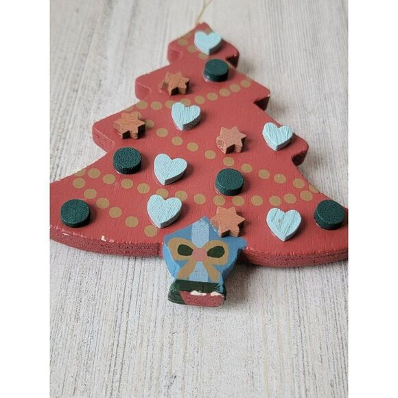 Wooden red tree star heart hand paint ornament Xmas decor - Picture 4 of 6